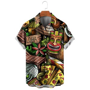 Men's Cartoon Doodle Hawaiian Print Short Sleeve Shirt