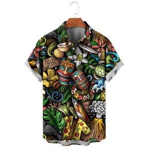 Men's Cartoon Doodle Hawaiian Print Short Sleeve Shirt