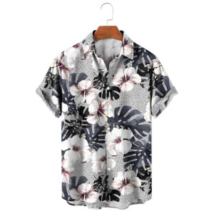 Men's Hawaiian Grey Hibiscus Short Sleeve Shirt