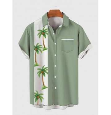 Vintage Style Green And Coconut Tree Printing Men's Short Sleeve Shirt
