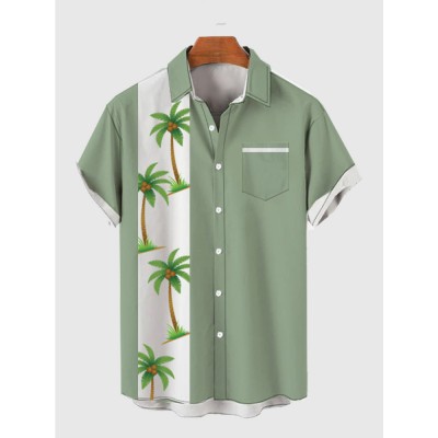 Vintage Style Green And Coconut Tree Printing Men's Short Sleeve Shirt
