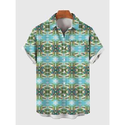 Full-Print Beach Style Coconut Trees And Sea Printing Men's Short Sleeve Shirt