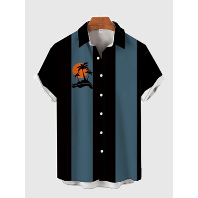 Vintage Black and Blue Striped Sunset Coconut Tree Printing Men's Short Sleeve Shirt