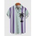 1960s LightCyan and MediumPurple Stripe Coconut Tree Printing Men's Short Sleeve Shirt